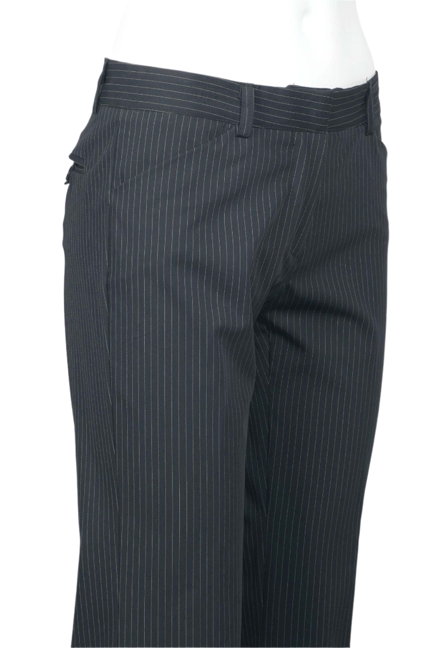 Mid Waist Belt Hoop Hook and Button Closure Zipper Pockets Straight Crepe Pants - BLK WHT THIN STRP - side
