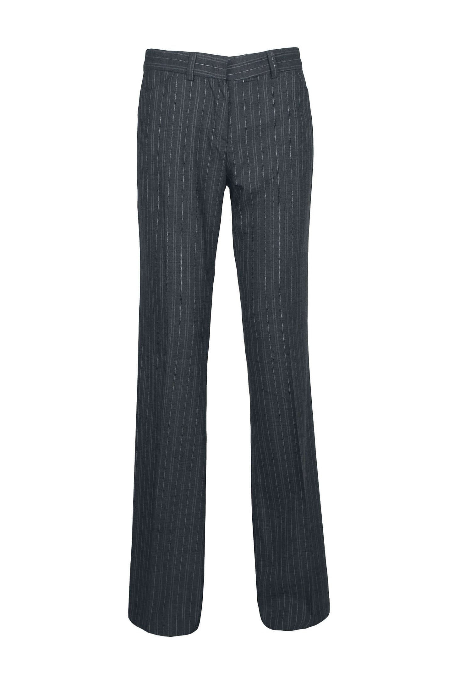 Mid Waist Belt Hoop Hook and Button Closure Zipper Pockets Straight Crepe Pants - GREY WHITE - front