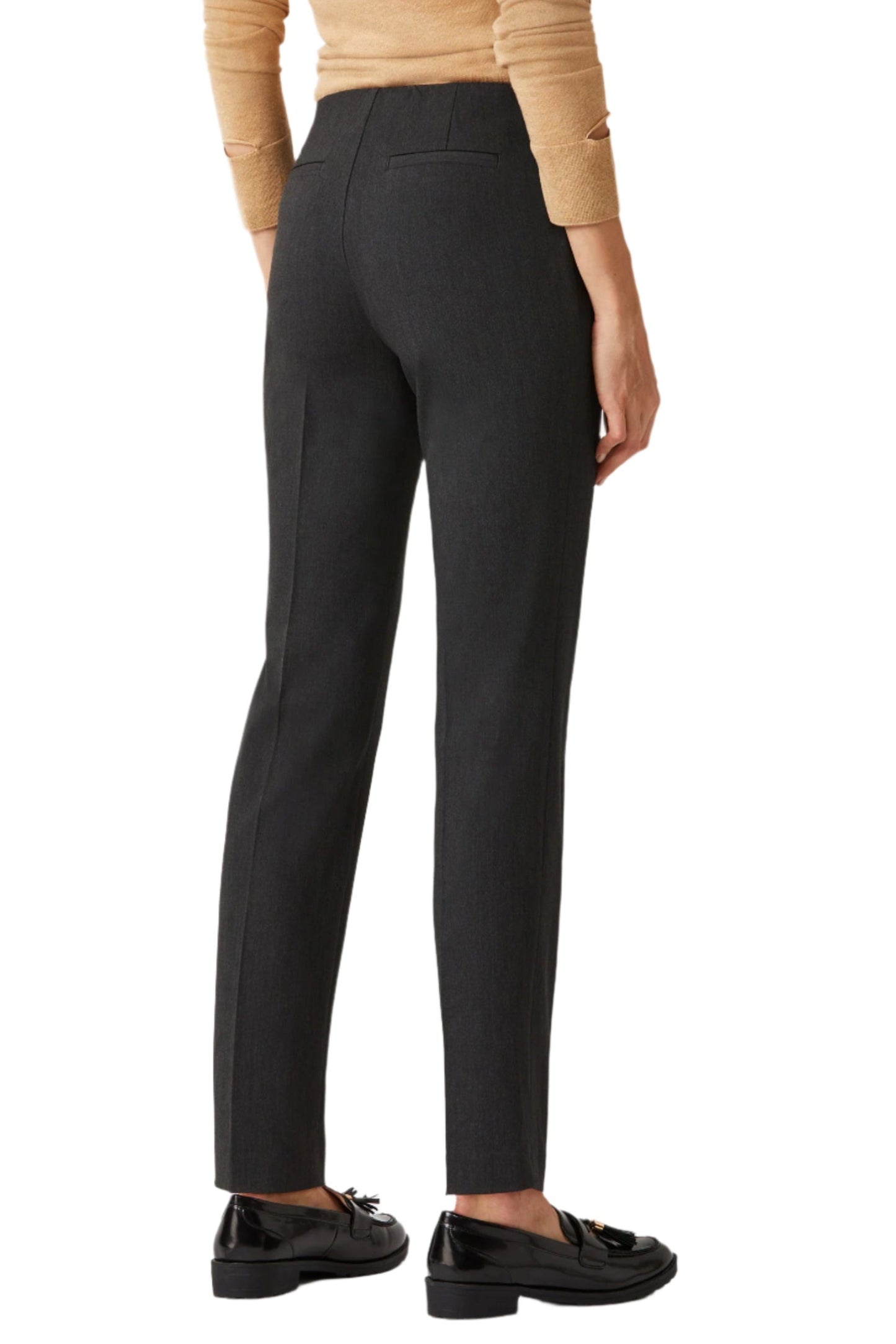 Ecru Designs Mid Waist Solid Stretch Crepe Pant - CHARCOAL - Front