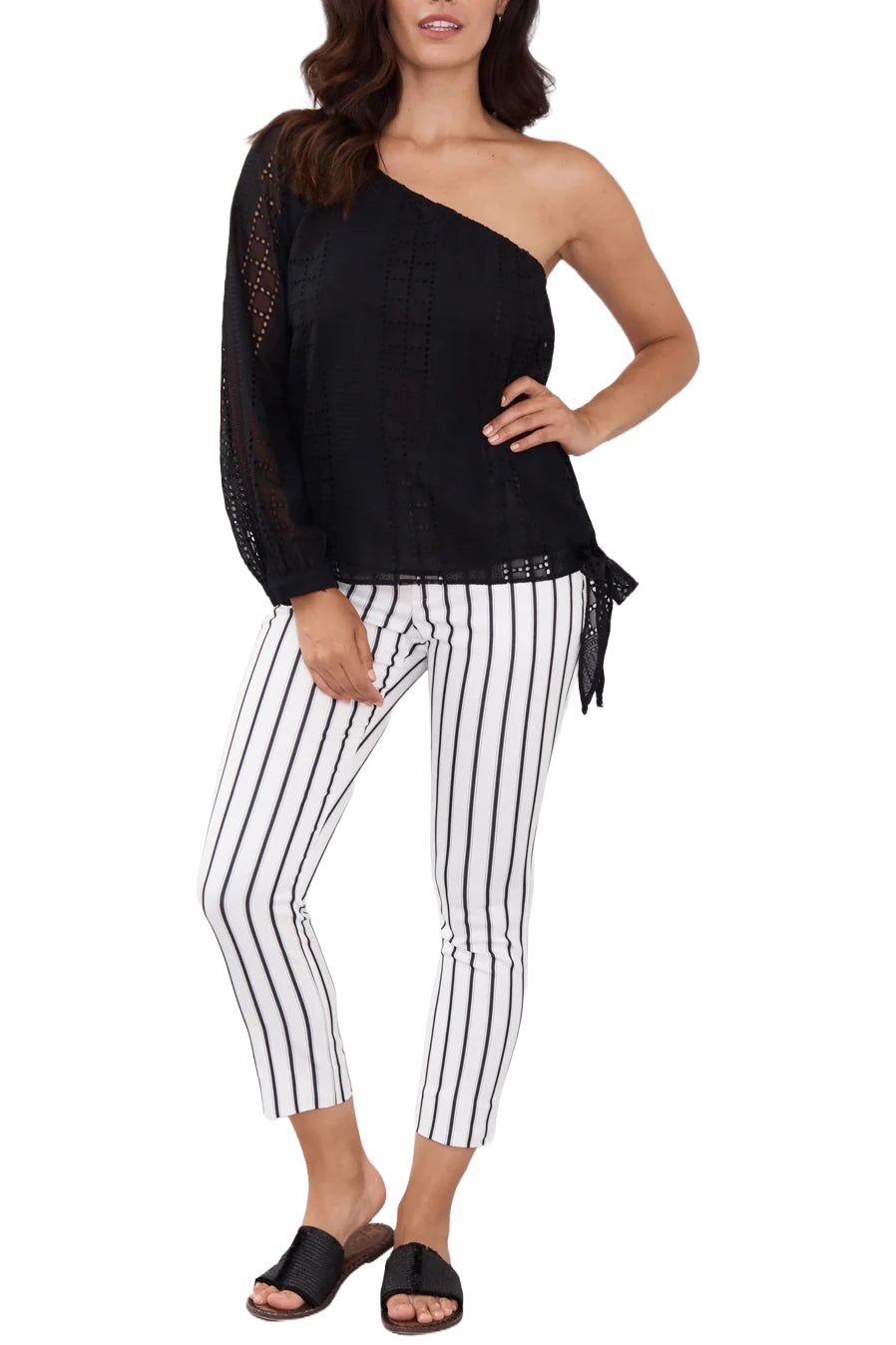 Peace Of Cloth Banded Waist Stripe Pattern Cotton Blend Pant - BLACK WHITE - Front View