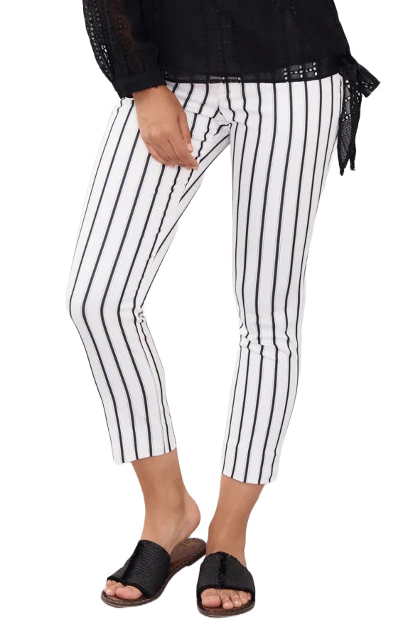Peace Of Cloth Banded Waist Stripe Pattern Cotton Blend Pant - BLACK WHITE - Front