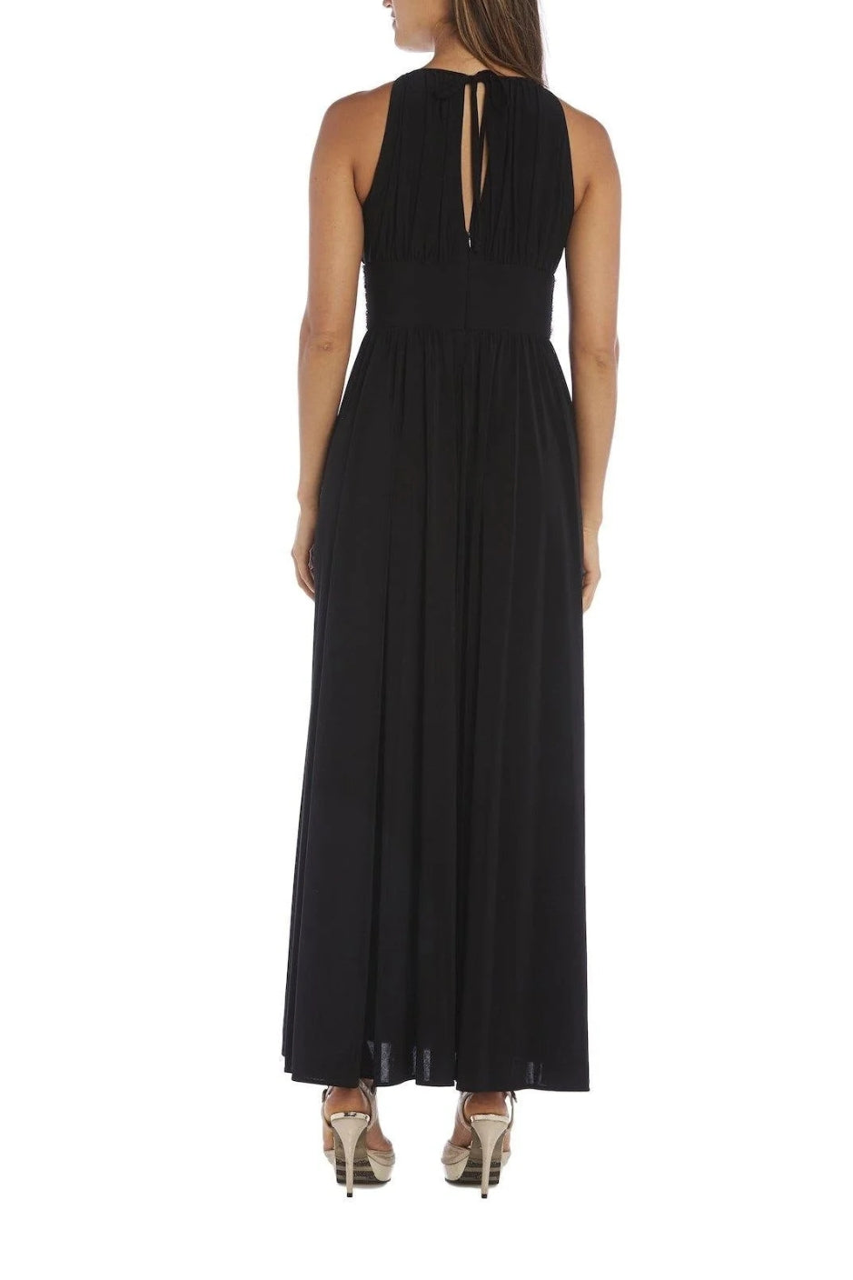 R&M Richards Empire Bodice Halter Keyhole Neckline Sleeveless Cinched Embellished Sequin Beads Waist Maxi Gown Dress - BLACK - Back