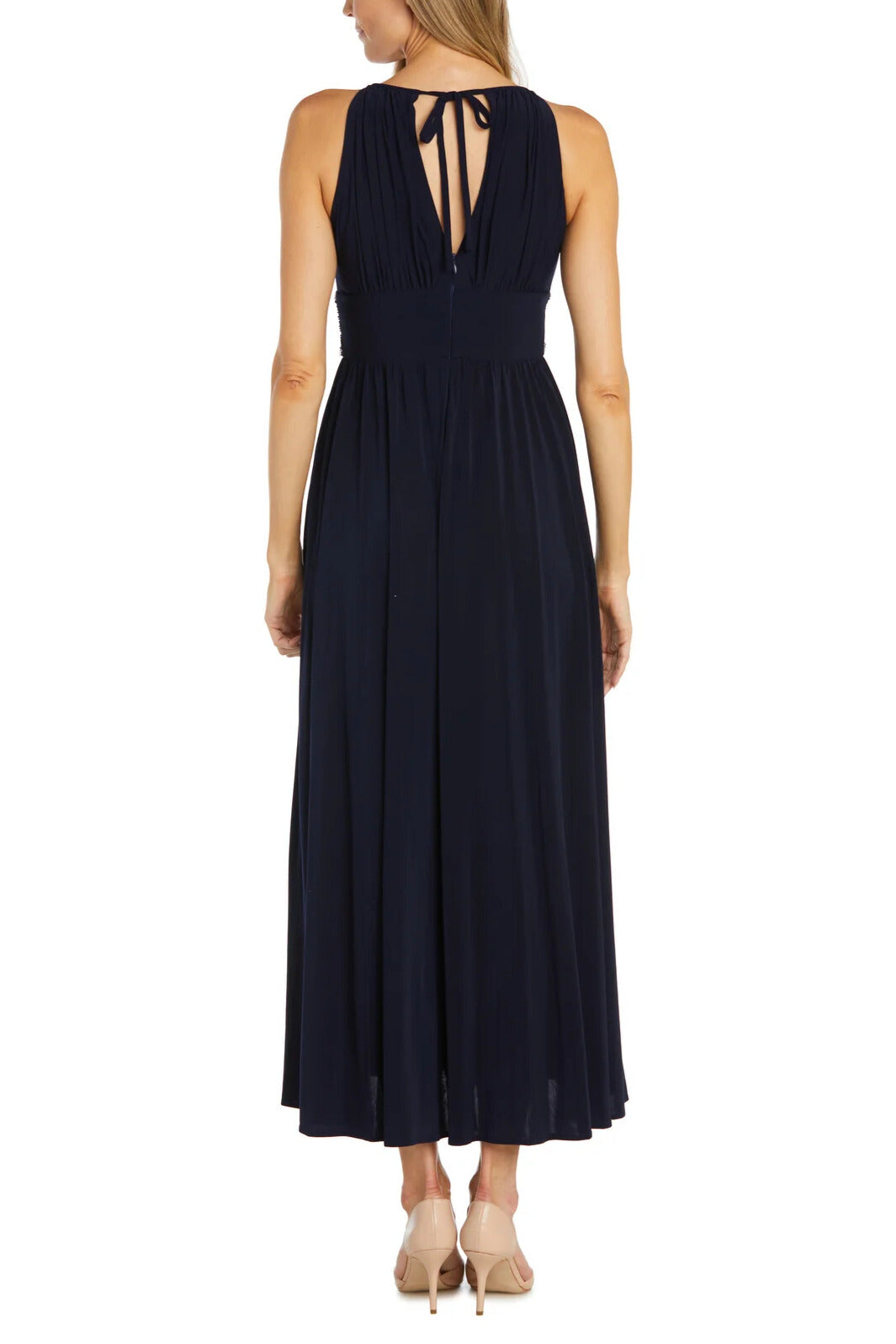 R&M Richards Empire Bodice Halter Keyhole Neckline Sleeveless Cinched Embellished Sequin Beads Waist Maxi Gown Dress - NAVY - Back