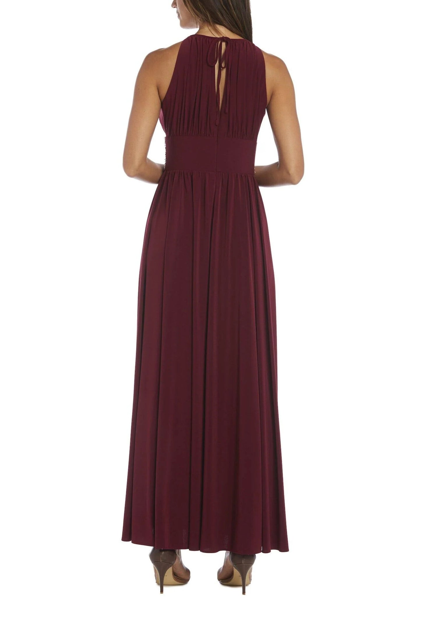 R&M Richards Empire Bodice Halter Keyhole Neckline Sleeveless Cinched Embellished Sequin Beads Waist Maxi Gown Dress - MERLOT - Back