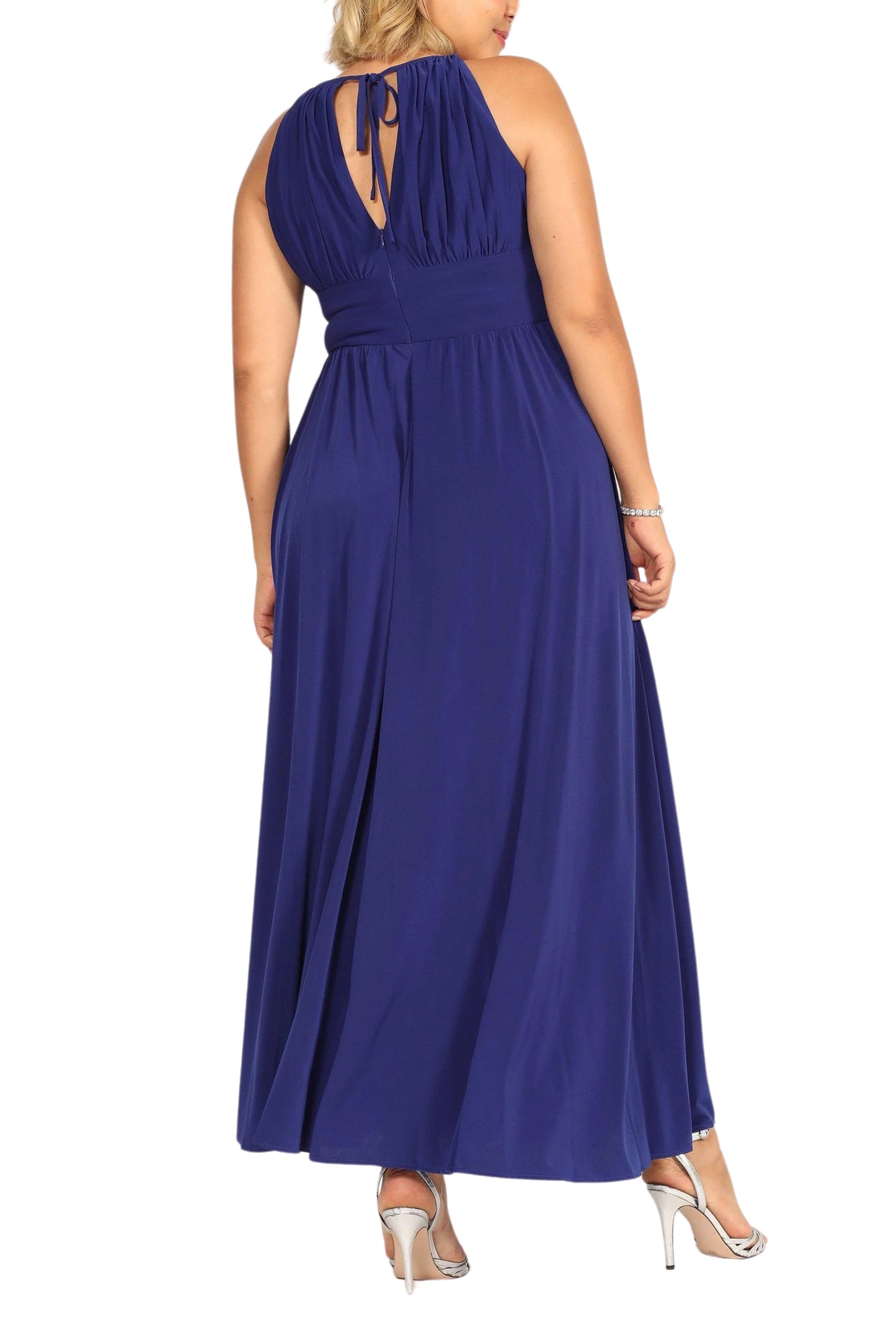 R&M Richards Empire Bodice Halter Keyhole Neckline Sleeveless Cinched Embellished Sequin Beads Waist Maxi Gown Dress - ROYAL - Back
