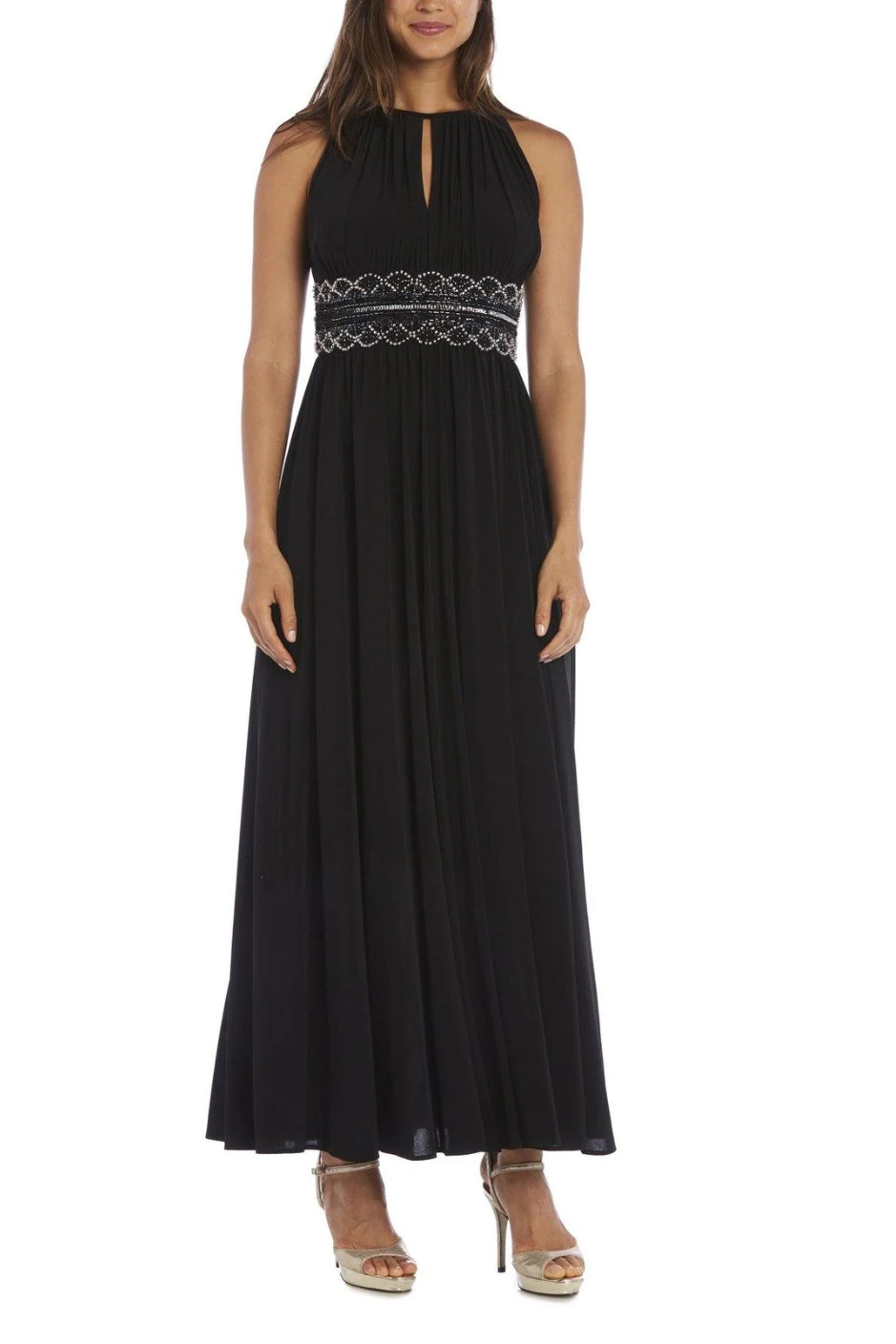 R&M Richards Empire Bodice Halter Keyhole Neckline Sleeveless Cinched Embellished Sequin Beads Waist Maxi Gown Dress - BLACK - Front