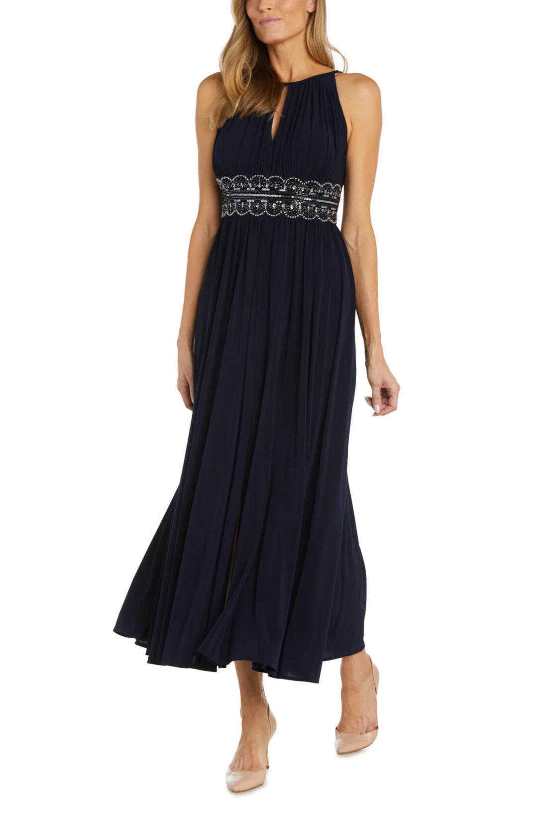 R&M Richards Empire Bodice Halter Keyhole Neckline Sleeveless Cinched Embellished Sequin Beads Waist Maxi Gown Dress - NAVY - Front