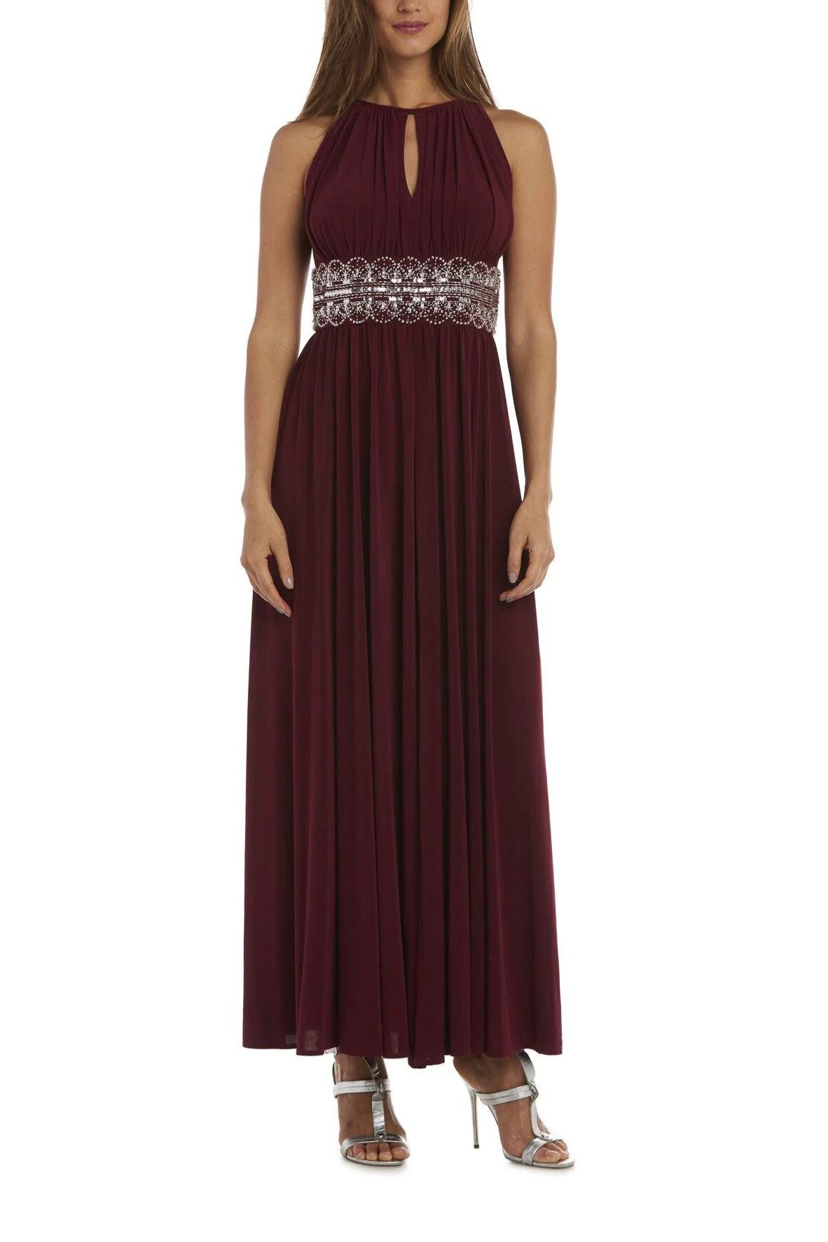 R&M Richards Empire Bodice Halter Keyhole Neckline Sleeveless Cinched Embellished Sequin Beads Waist Maxi Gown Dress - MERLOT - Front