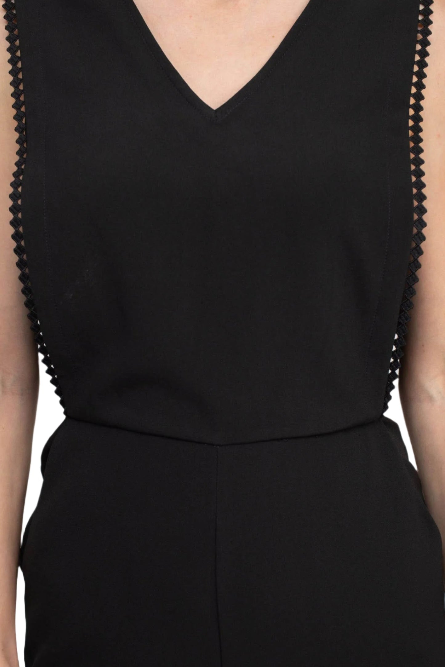 Taylor V-Neck Sleeveless Embellished Keyhole Zipper Back Solid Crepe Jumpsuit - BLACK - Fabric