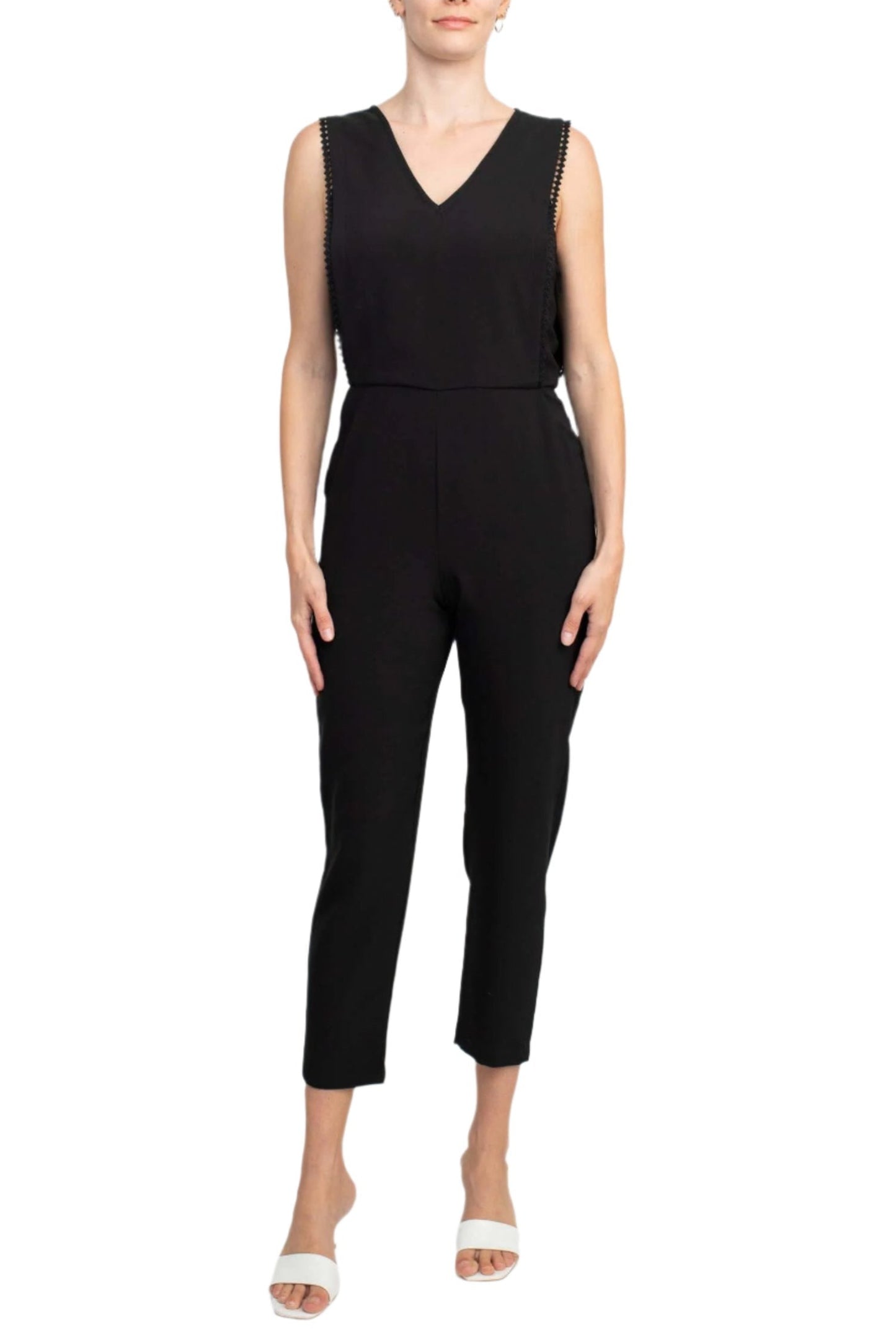 Taylor V-Neck Sleeveless Embellished Keyhole Zipper Back Solid Crepe Jumpsuit - BLACK - Front