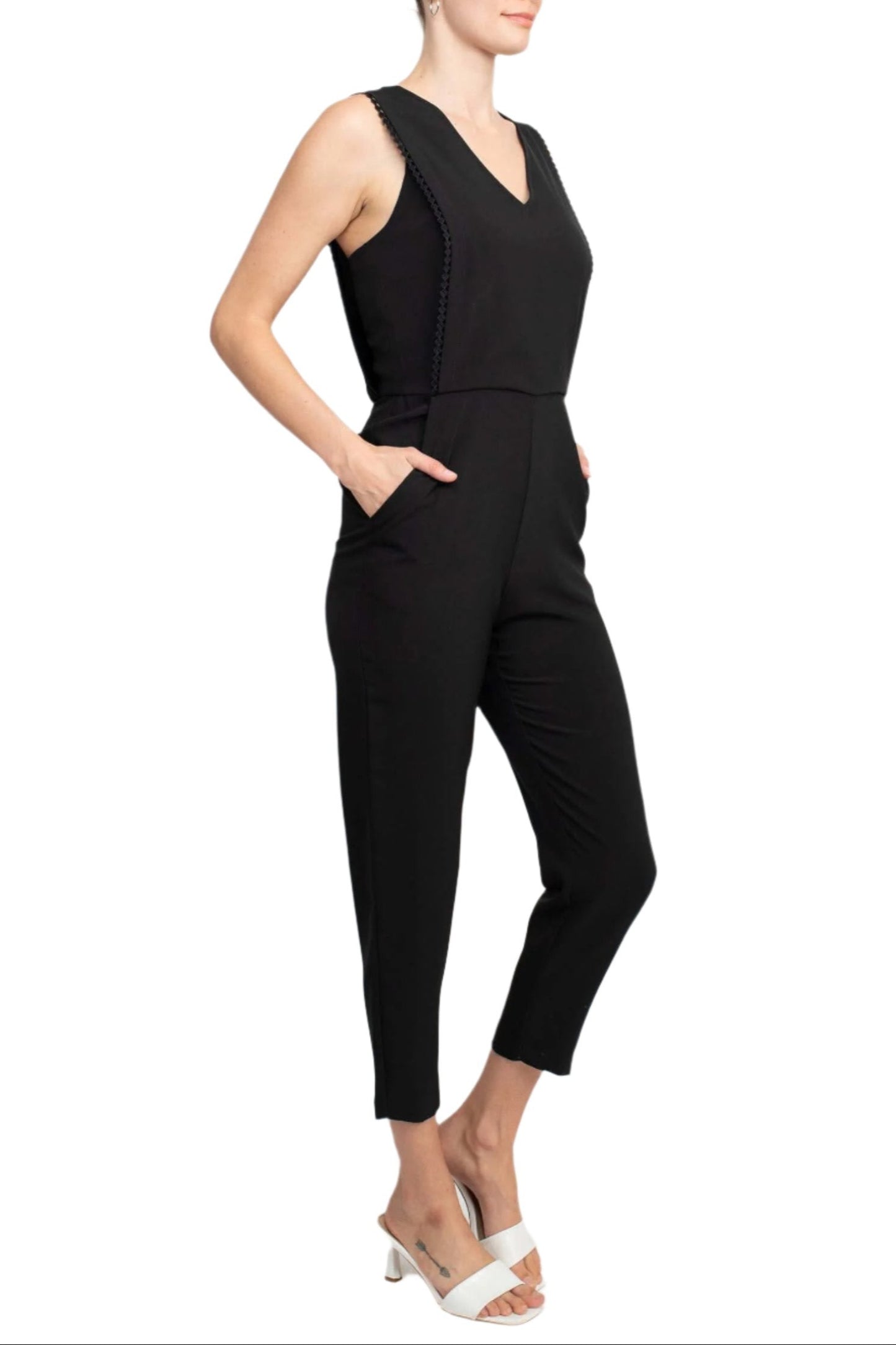 Taylor V-Neck Sleeveless Embellished Keyhole Zipper Back Solid Crepe Jumpsuit - BLACK - Side