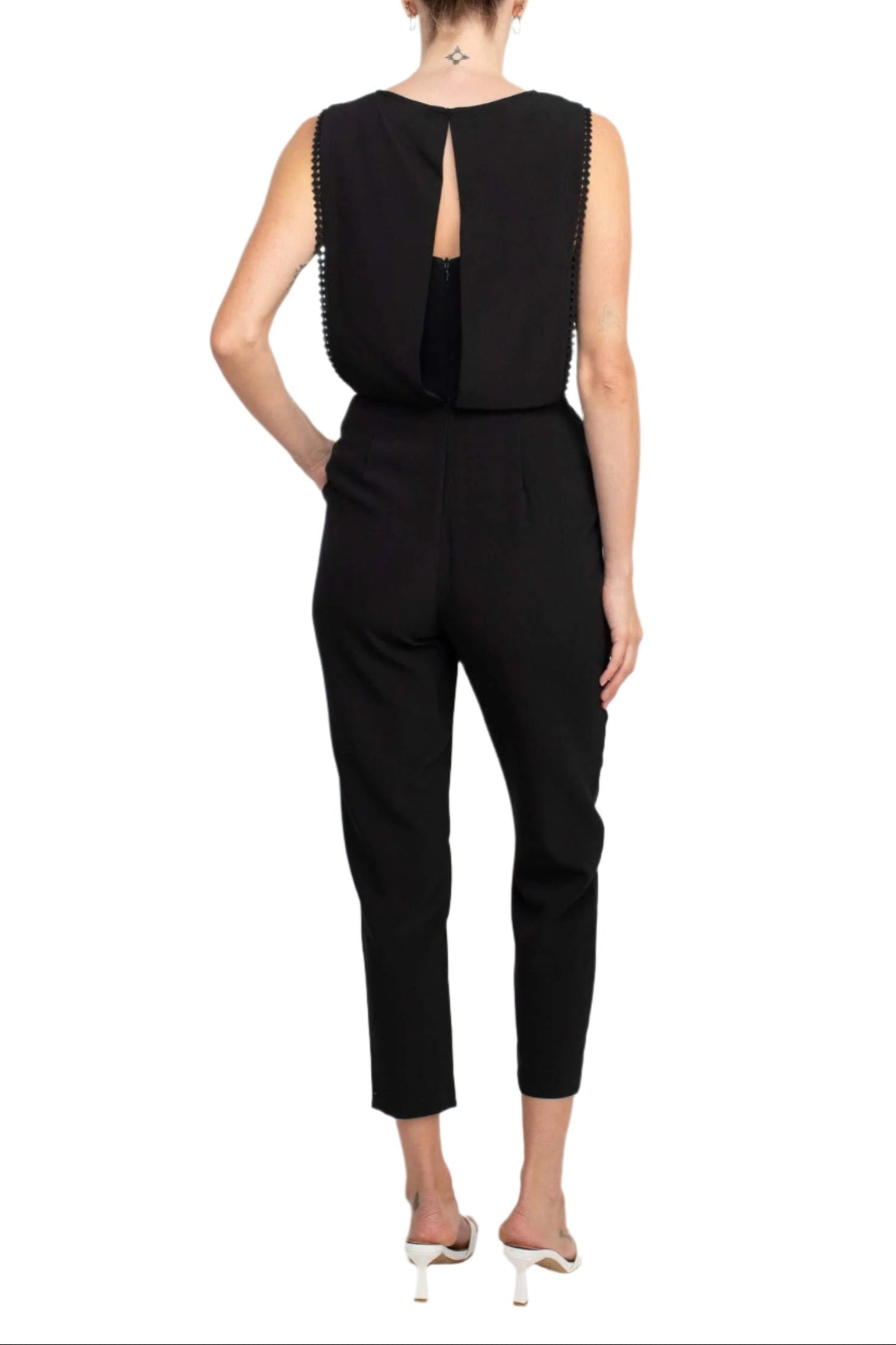 Taylor V-Neck Sleeveless Embellished Keyhole Zipper Back Solid Crepe Jumpsuit - BLACK - Back
