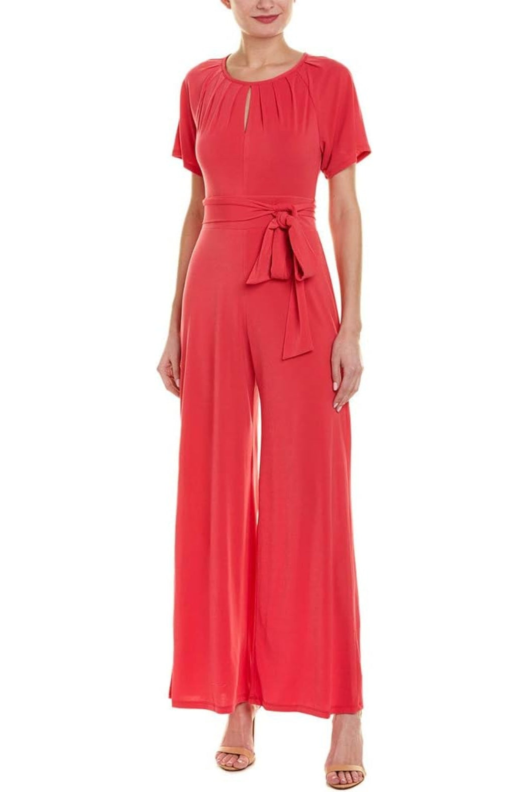 Taylor Scoop Neck Short Sleeve Keyhole Front Tie Waist Solid Jersey Jumpsuit - PEONY - Front