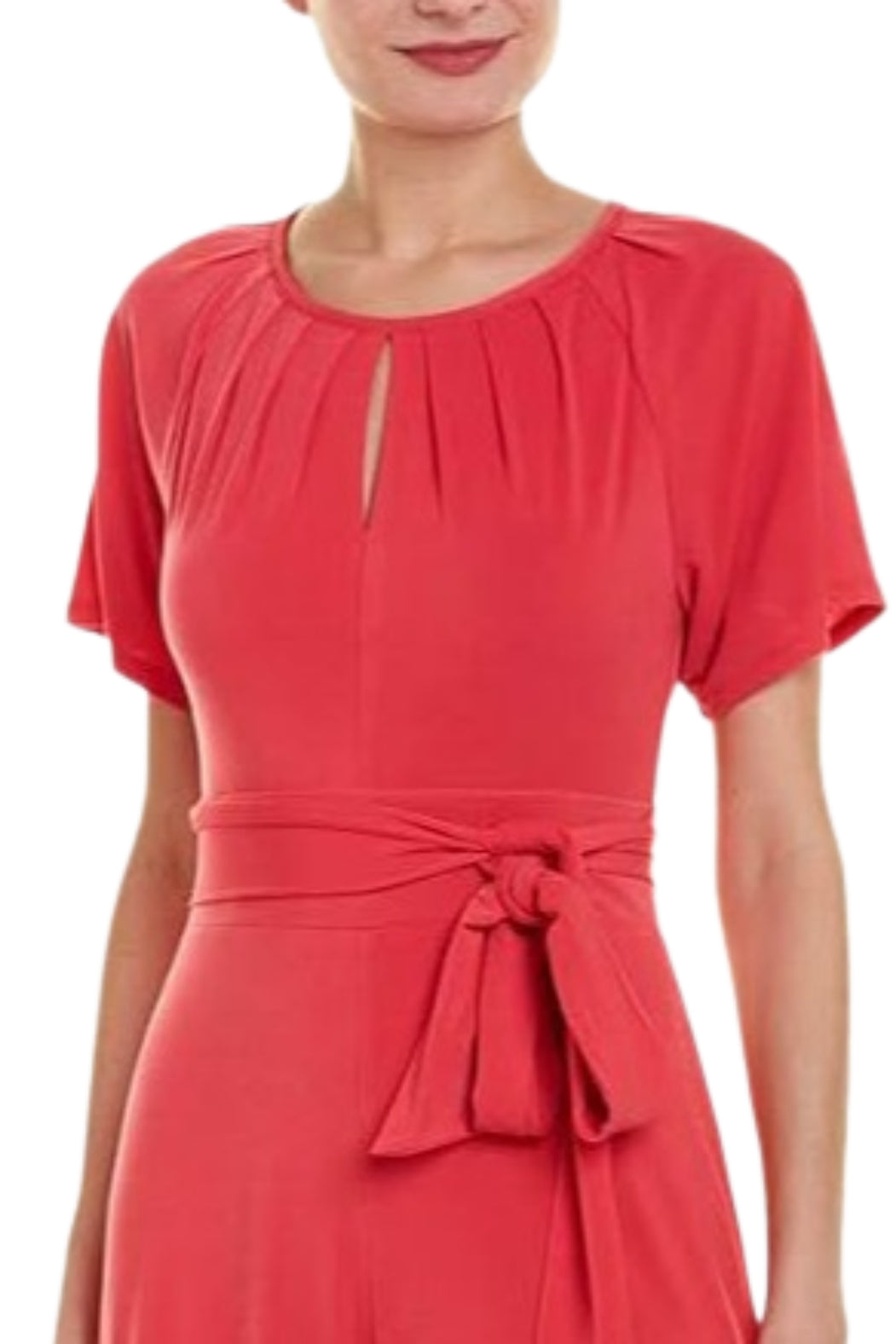 Taylor Scoop Neck Short Sleeve Keyhole Front Tie Waist Solid Jersey Jumpsuit - PEONY - Neck View