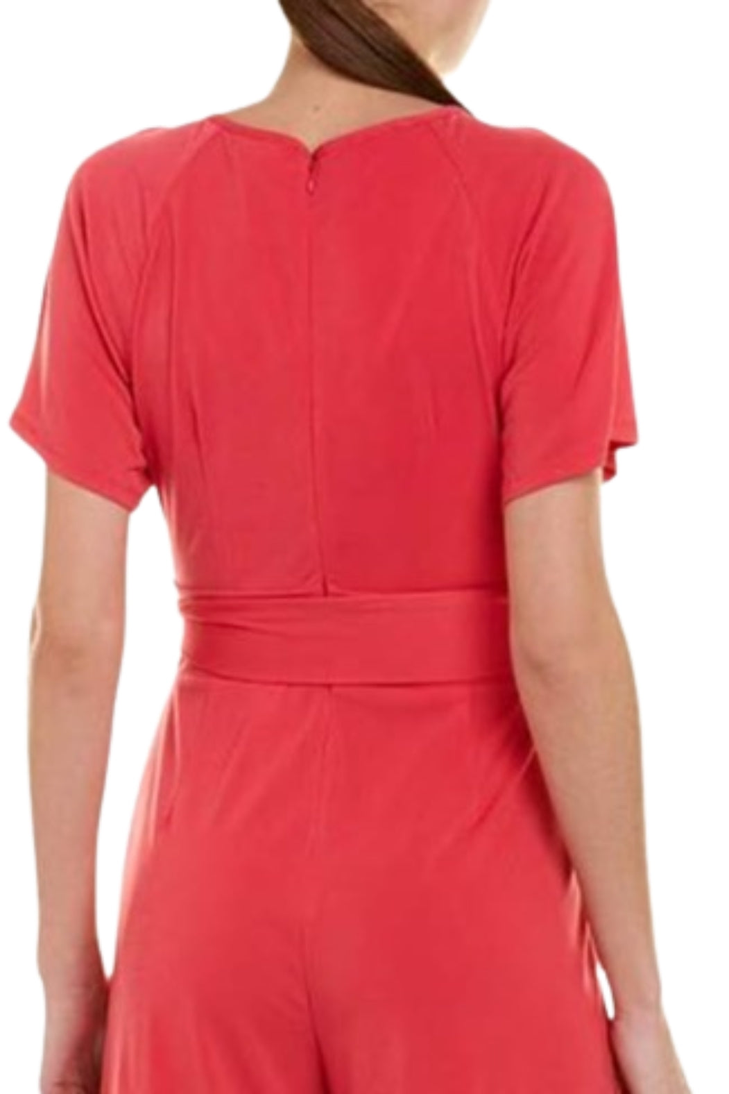 Taylor Scoop Neck Short Sleeve Keyhole Front Tie Waist Solid Jersey Jumpsuit - PEONY - Back View
