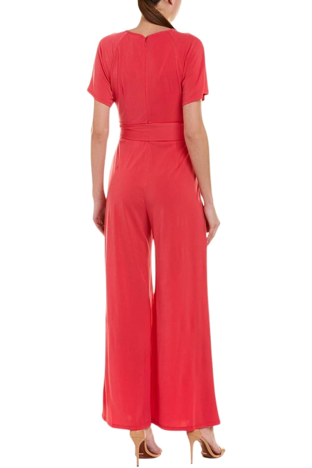 Taylor Scoop Neck Short Sleeve Keyhole Front Tie Waist Solid Jersey Jumpsuit - PEONY - Back