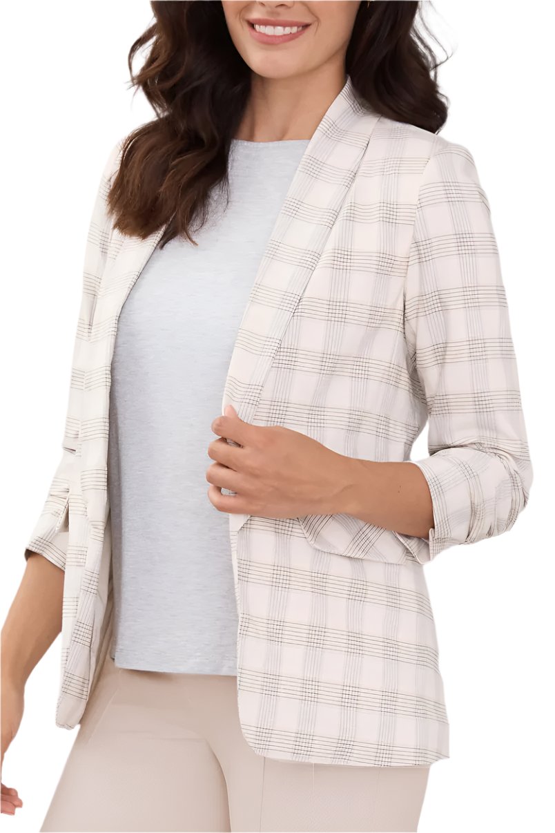 Peace of Cloth Lapel Collar Ruched Sleeve Plaid Crepe Blazer CHARLESTON PLAID  - FRONT