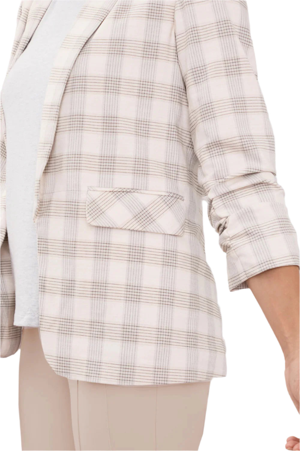 Peace of Cloth Lapel Collar Ruched Sleeve Plaid Crepe Blazer - CHARLESTON PLAID - DETAILED VIEW