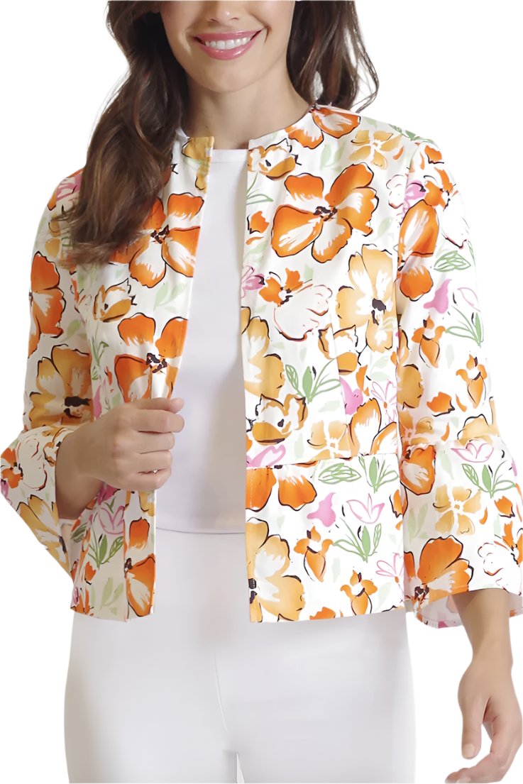 Peace Of Cloth Open Front Flounce 3/4 Sleeve and Waist Floral Print Crepe Jacket - MULTI FLORAL - FRONT
