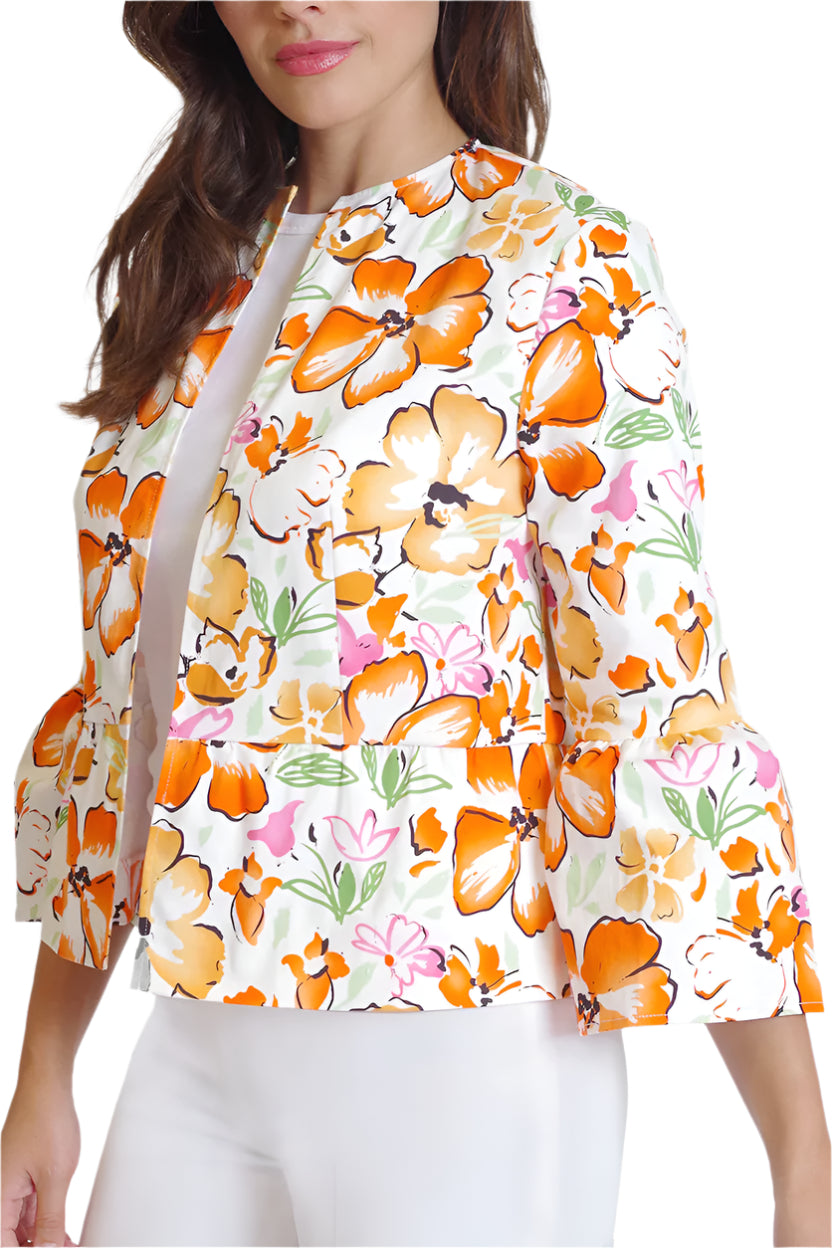Peace Of Cloth Open Front Flounce 3/4 Sleeve and Waist Floral Print Crepe Jacket - MULTI FLORAL - SIDE
