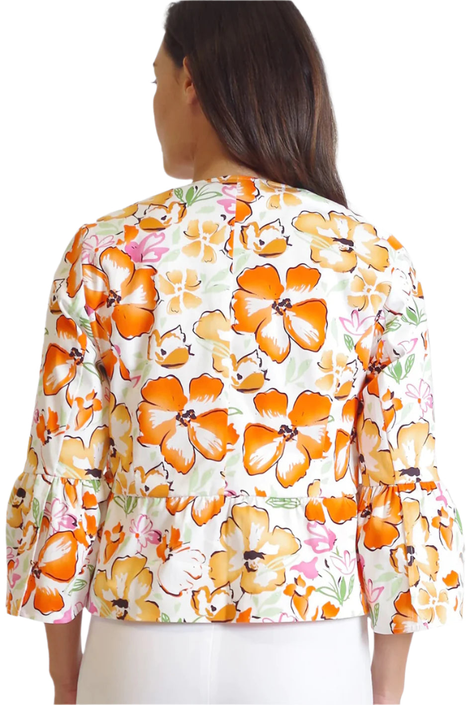 Peace Of Cloth Open Front Flounce 3/4 Sleeve and Waist Floral Print Crepe Jacket - MULTI FLORAL - BACK