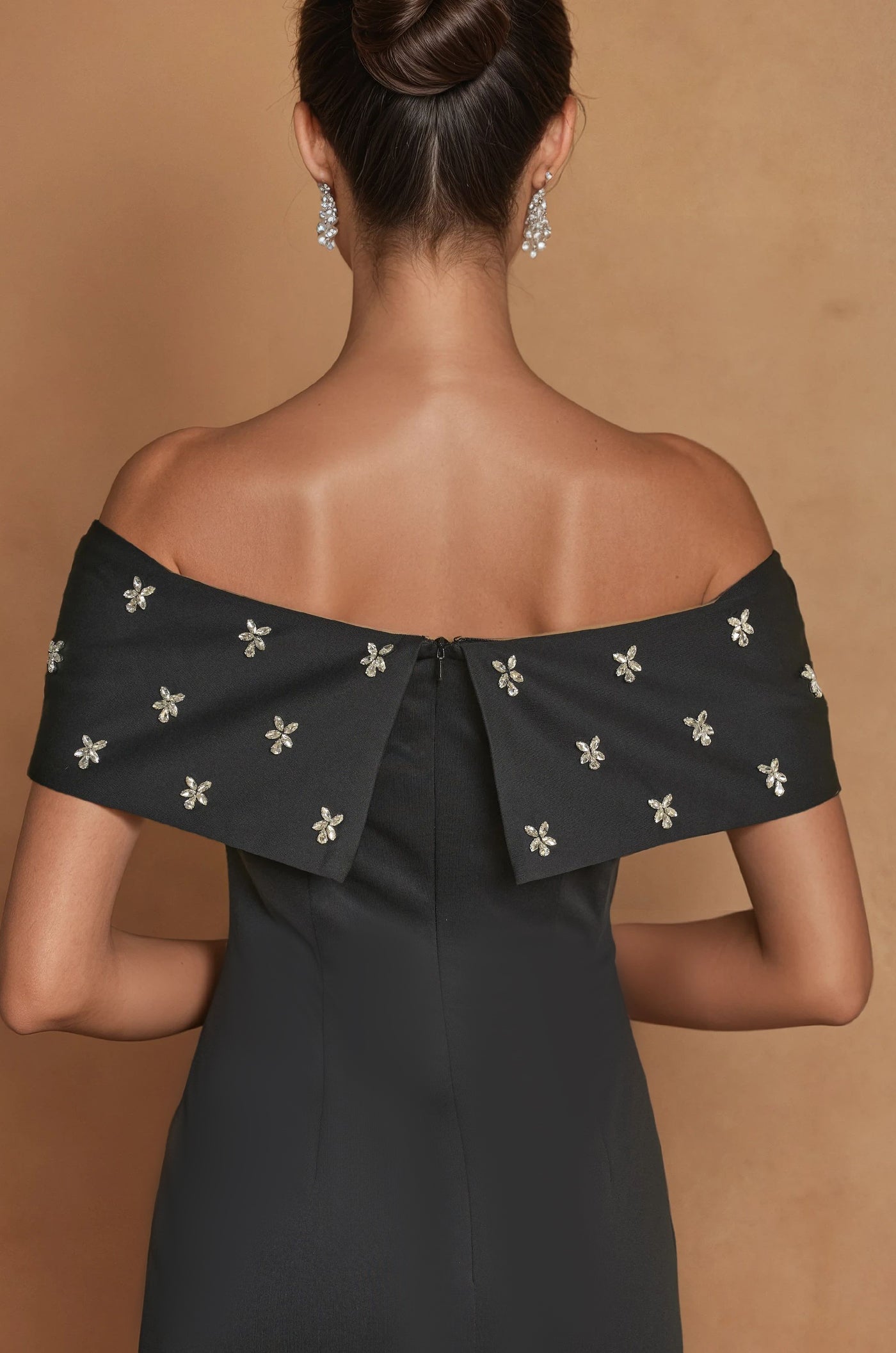 Formal Dresses Long Crepe Off Shoulder Jewel Trim Formal Column Gown Black