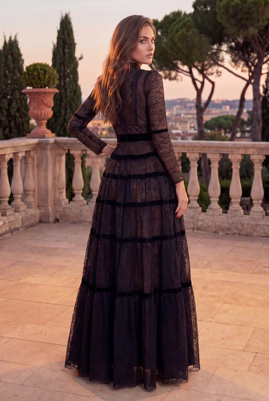Long Sleeve Formal Tiered A Line Lace Evening Dress