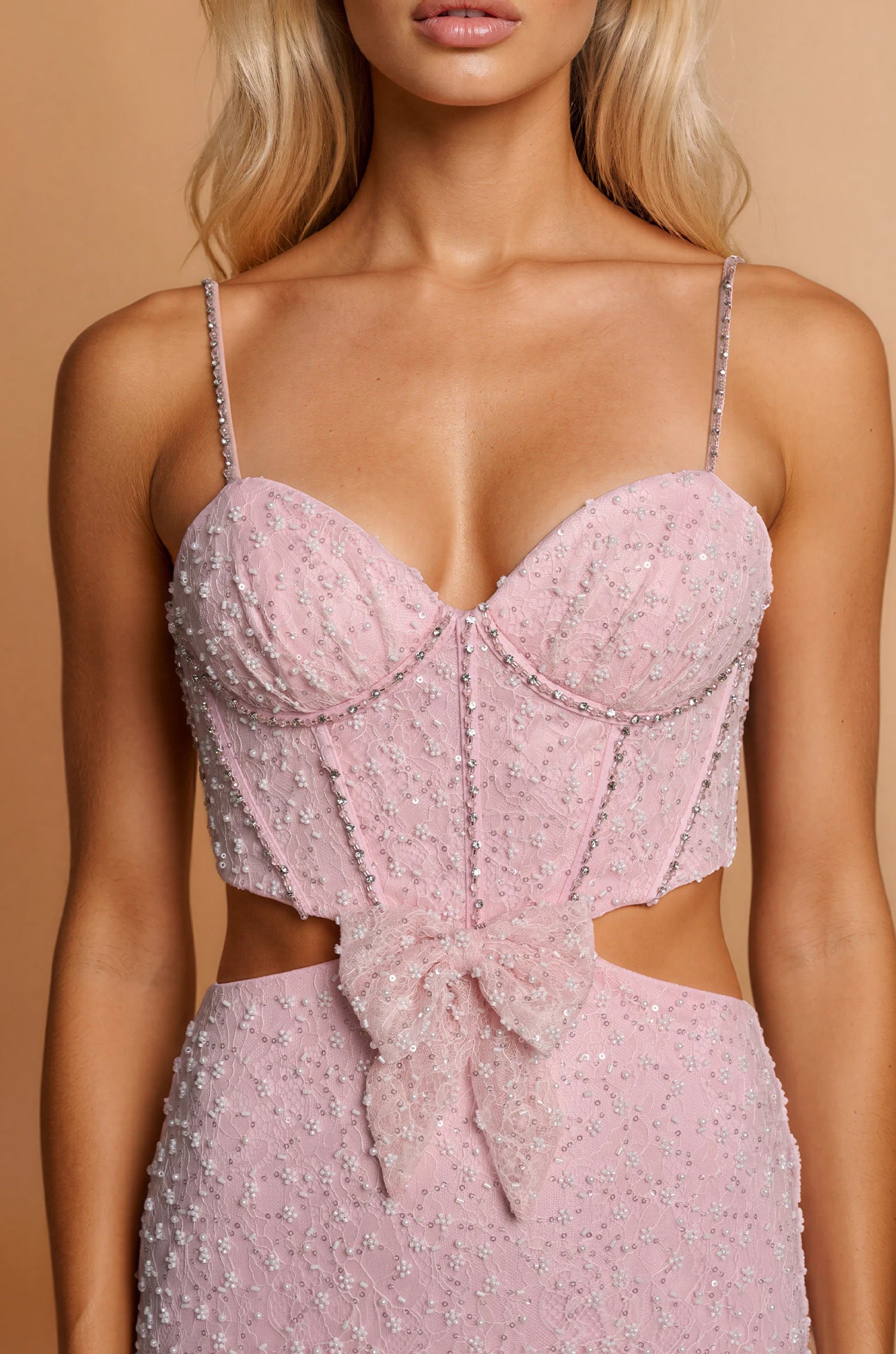 Prom Dresses Long Beaded Side Cut Out with Bow Prom Dress Pink