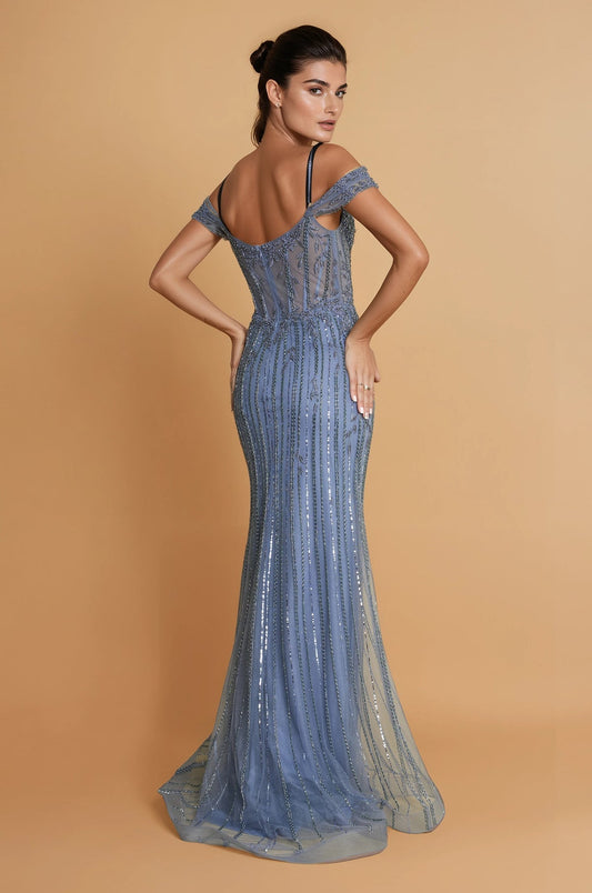 Off Shoulder Floor Length Evening Beaded Formal Dress