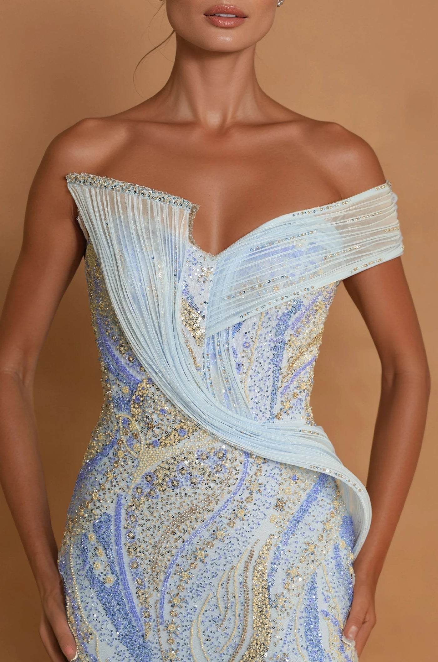 Formal Dresses Beaded Architectural Sculptural Couture Dress Paris Blue