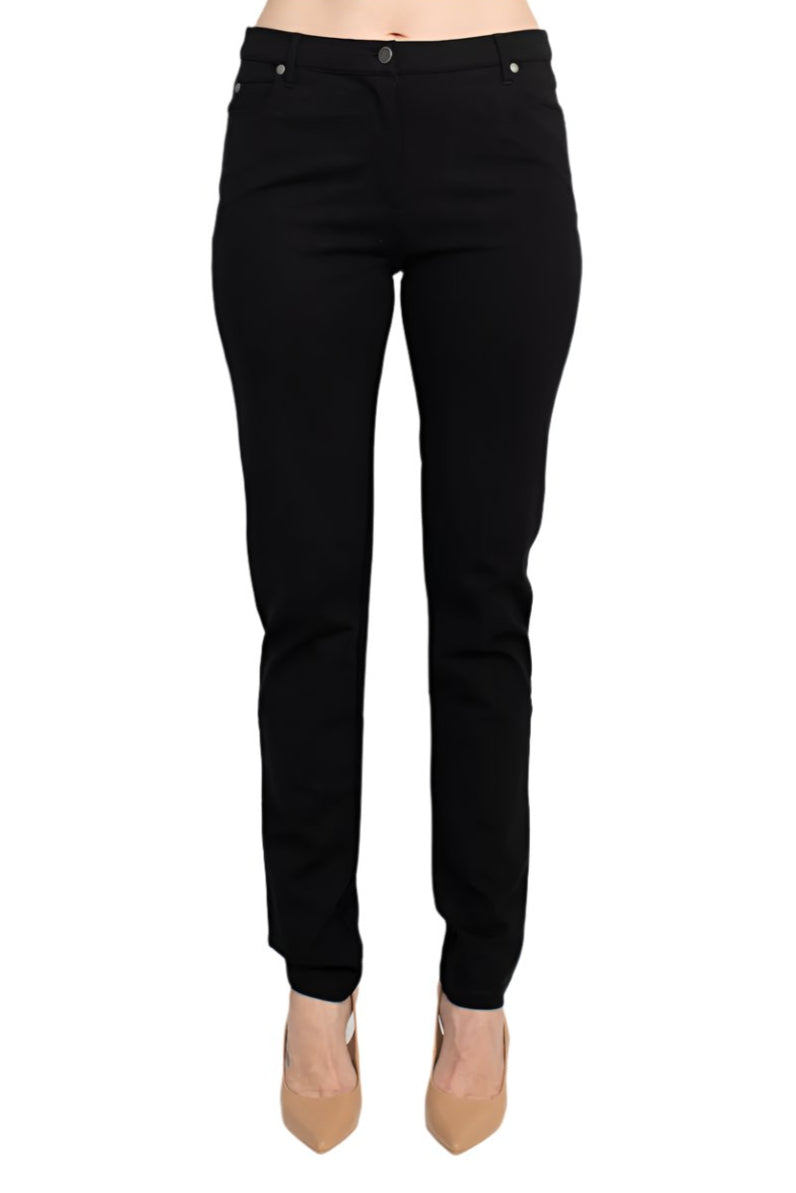 Alberto Makali Mid Waist Belt Hoop Zip Button Closure 5 Pocket Crepe Pant - BLACK - Front