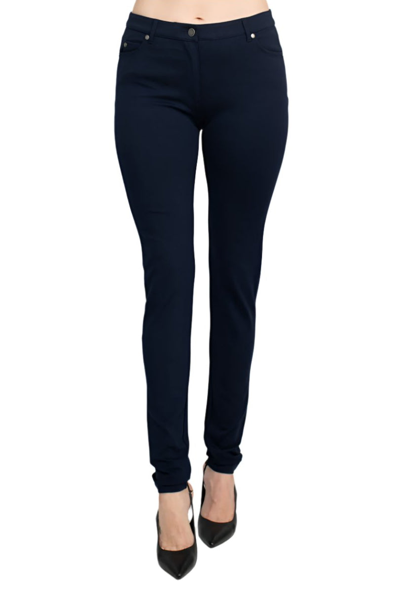 Alberto Makali Mid Waist Zip Button Closure Belt Loop 5 Pocket Stretch Crepe Pant - NAVY - Front