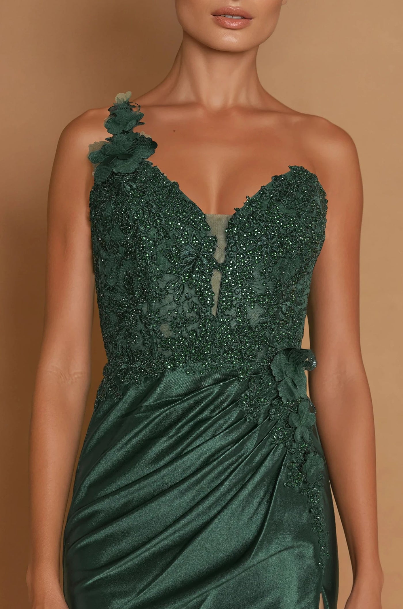 Formal Dresses One Shoulder Formal Dress with Lace Bodice Emerald Green