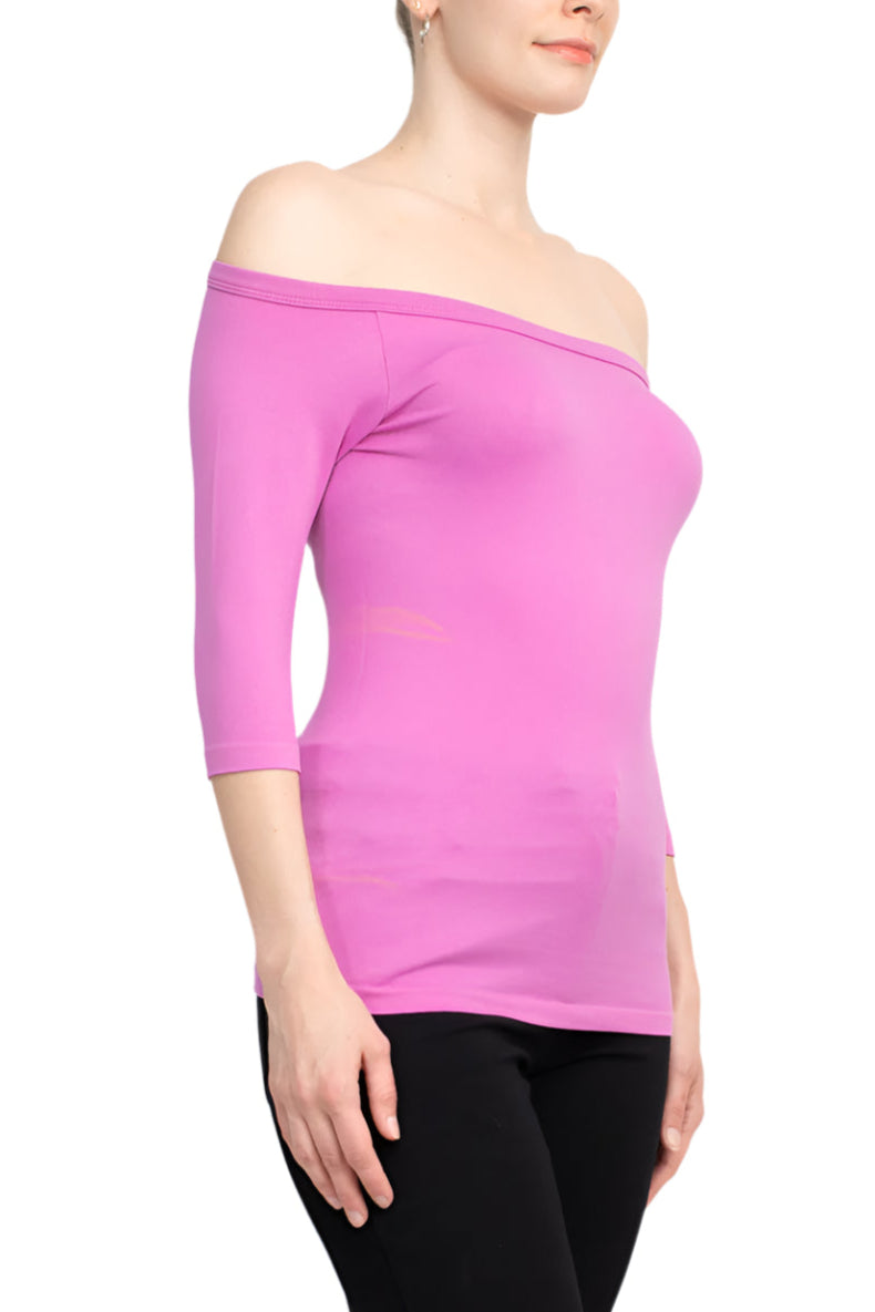 Alberto Makali Off-Shoulder 3/4 Sleeve Solid Spandex Top - EGGPLANT - Side