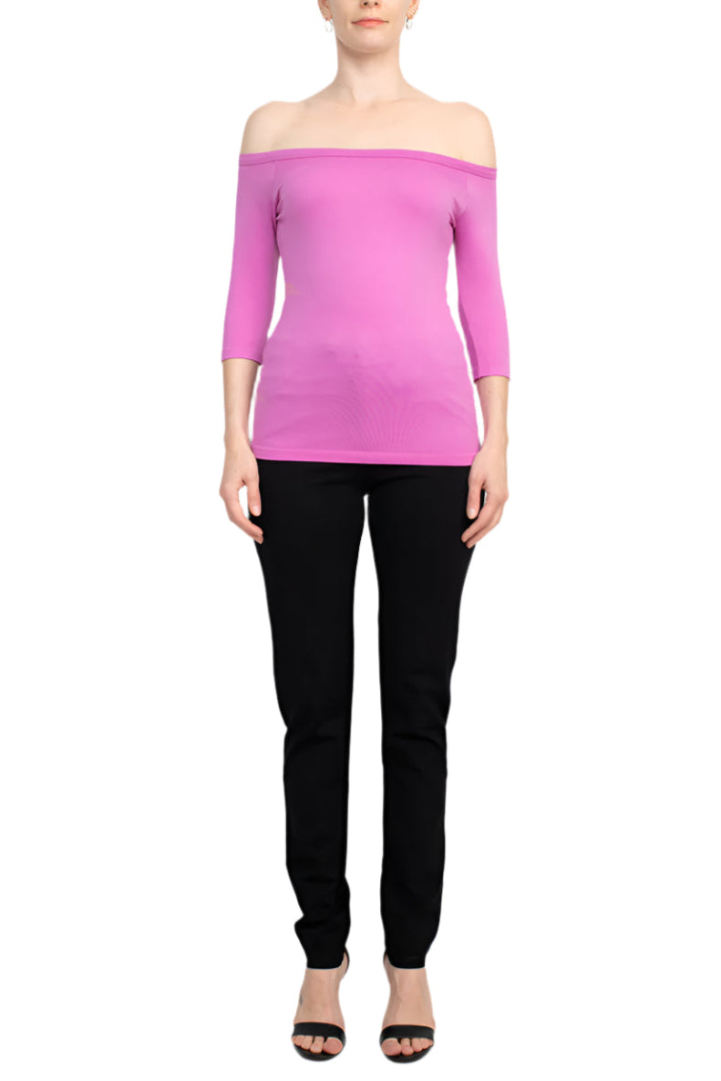 Alberto Makali Off-Shoulder 3/4 Sleeve Solid Spandex Top - EGGPLANT - Front View