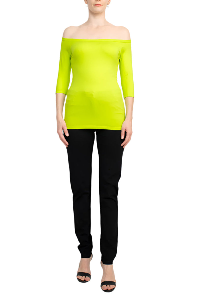 Alberto Makali Off-Shoulder 3/4 Sleeve Solid Spandex Top - NEON GREEN - Front View