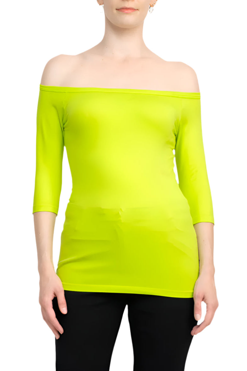 Alberto Makali Off-Shoulder 3/4 Sleeve Solid Spandex Top - NEON GREEN - Front