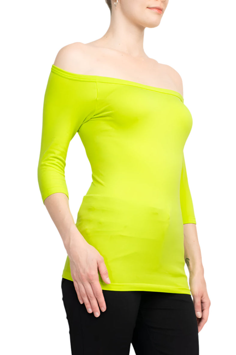 Alberto Makali Off-Shoulder 3/4 Sleeve Solid Spandex Top - NEON GREEN - Side
