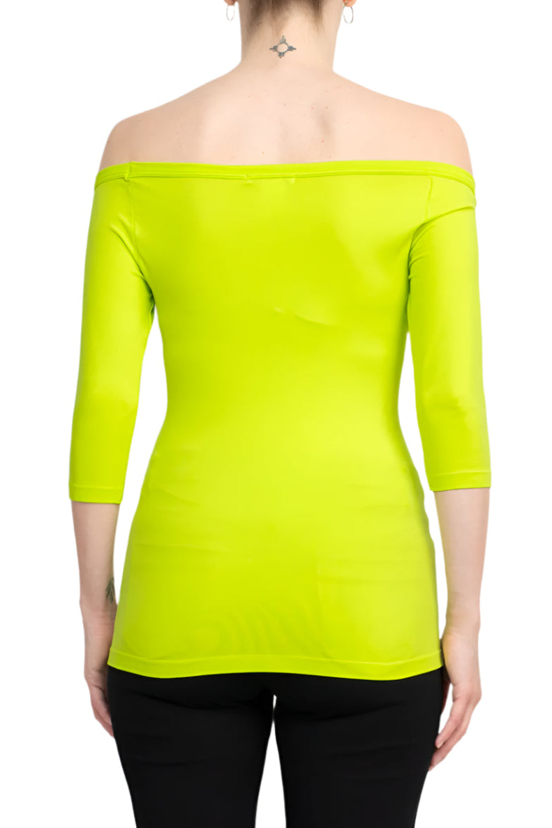 Alberto Makali Off-Shoulder 3/4 Sleeve Solid Spandex Top - NEON GREEN - Back
