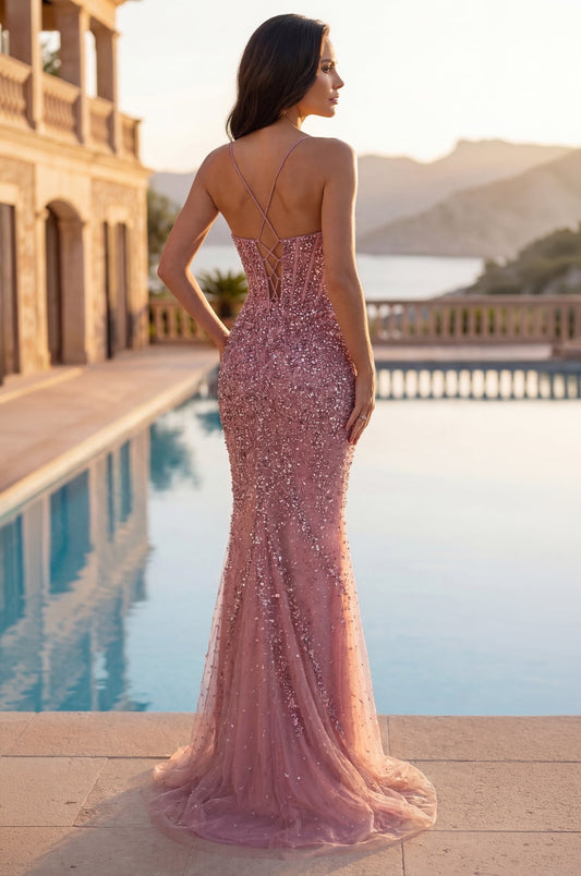 Formal Long Corset Mermaid Sequin Prom Dress Pink