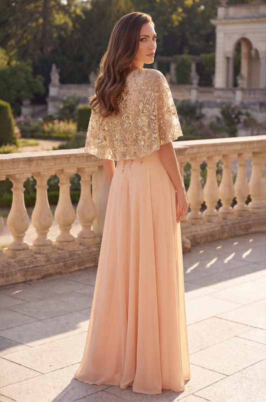 Sequin Lace Cape Sleeve Long Formal Chiffon Evening Gown Gold