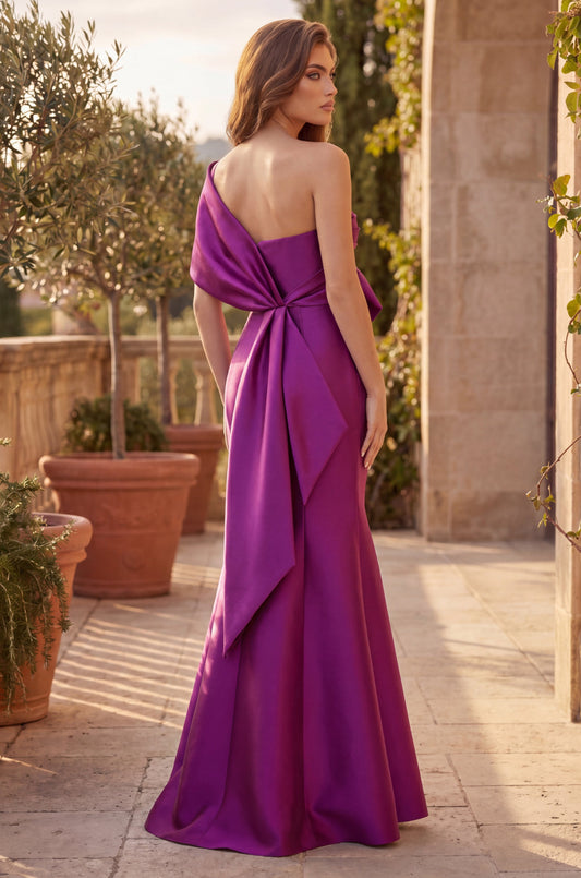 Metallic One Shoulder Bow Long Formal Mermaid Dress