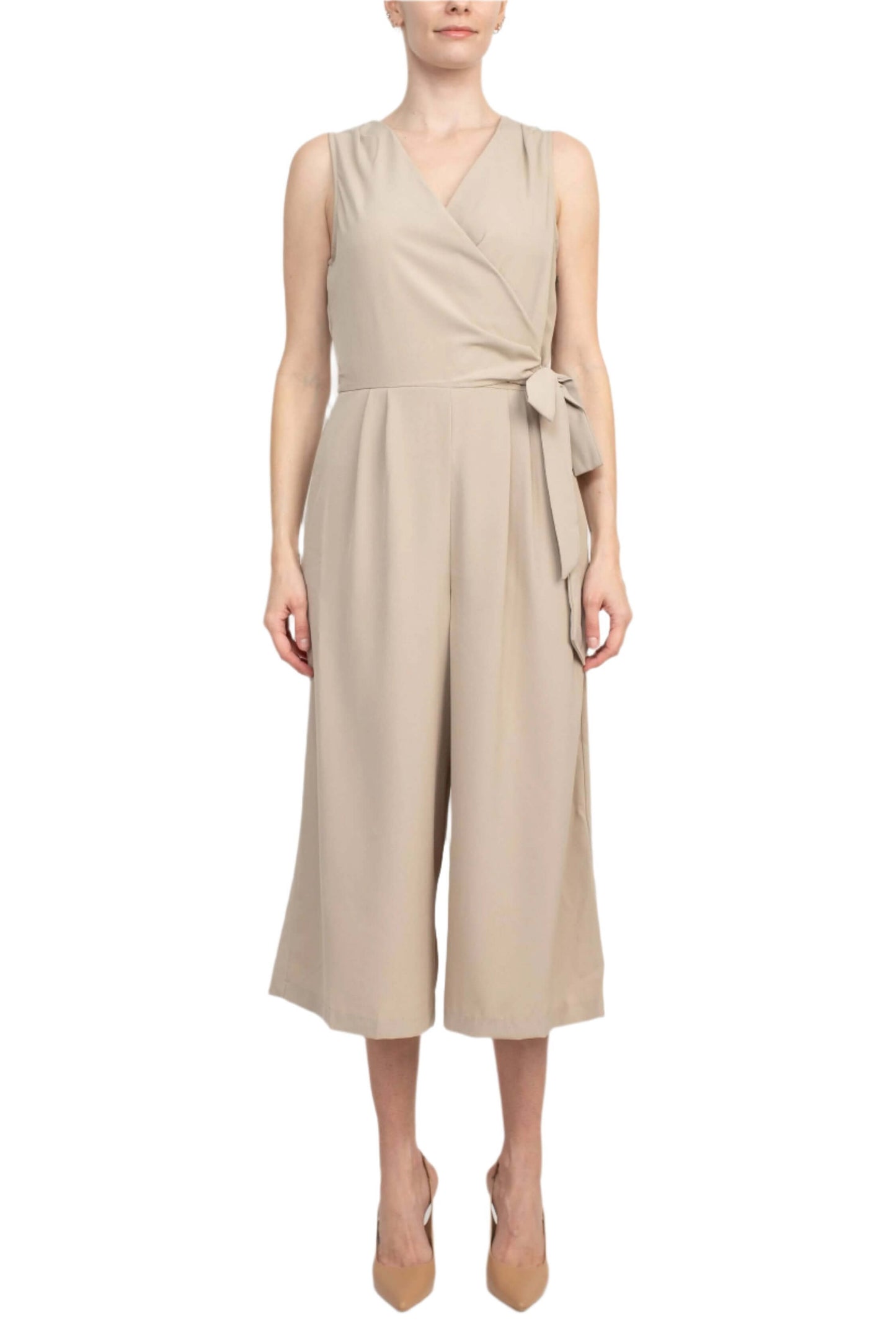 Emma & Michele V-Neck Sleeveless Tie Side Solid Pockets Crepe Jumpsuit - SAND - front