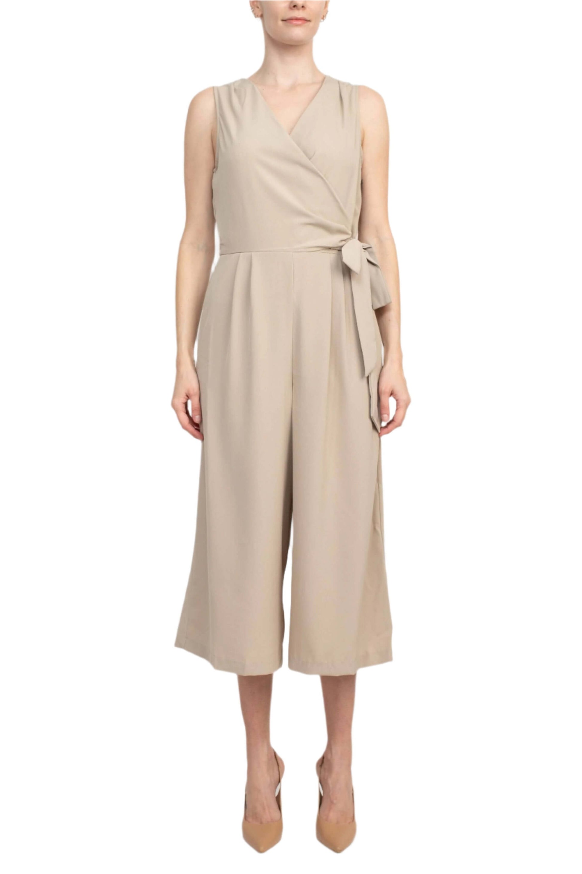 Emma & Michele V-Neck Sleeveless Tie Side Solid Pockets Crepe Jumpsuit - SAND - front