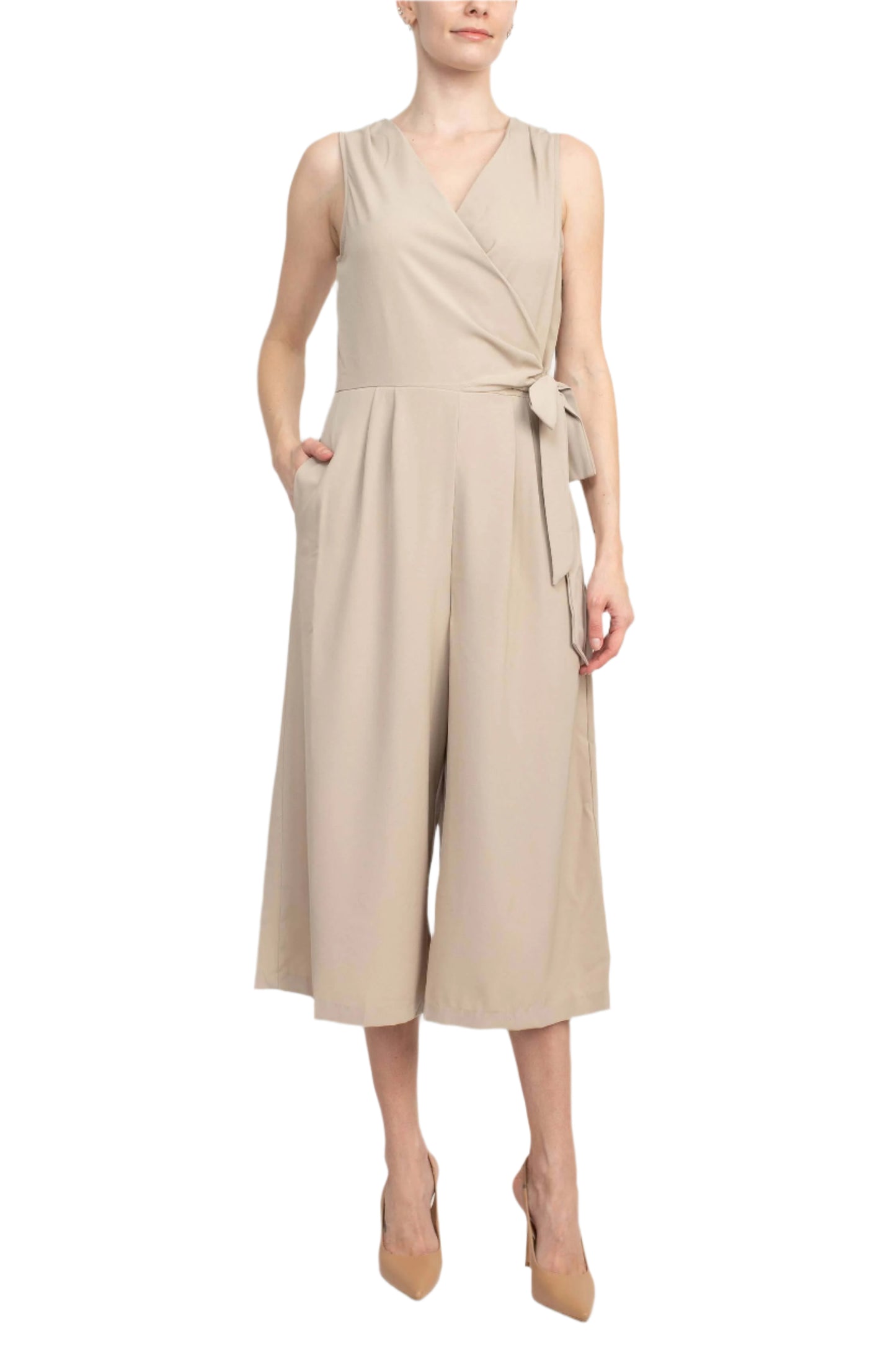 Emma & Michele V-Neck Sleeveless Tie Side Solid Pockets Crepe Jumpsuit - SAND - front view