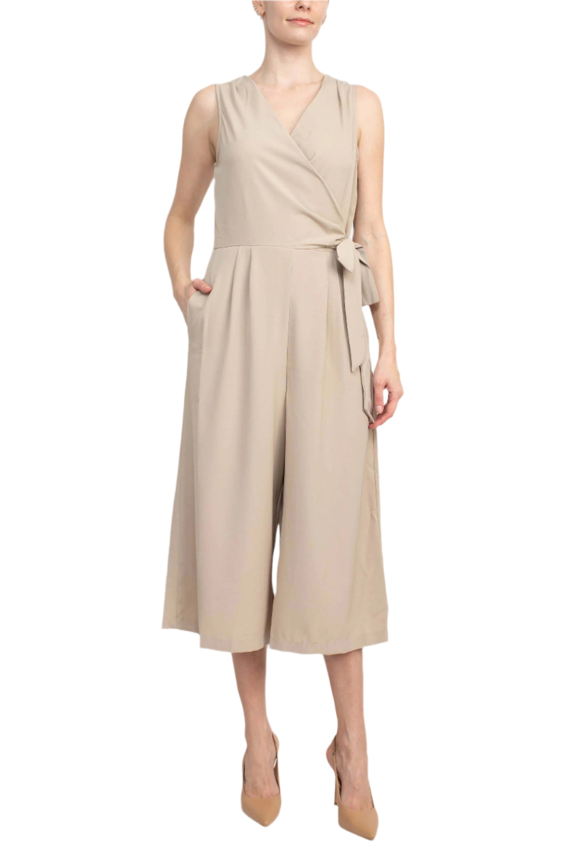 Emma & Michele V-Neck Sleeveless Tie Side Solid Pockets Crepe Jumpsuit - SAND - front view