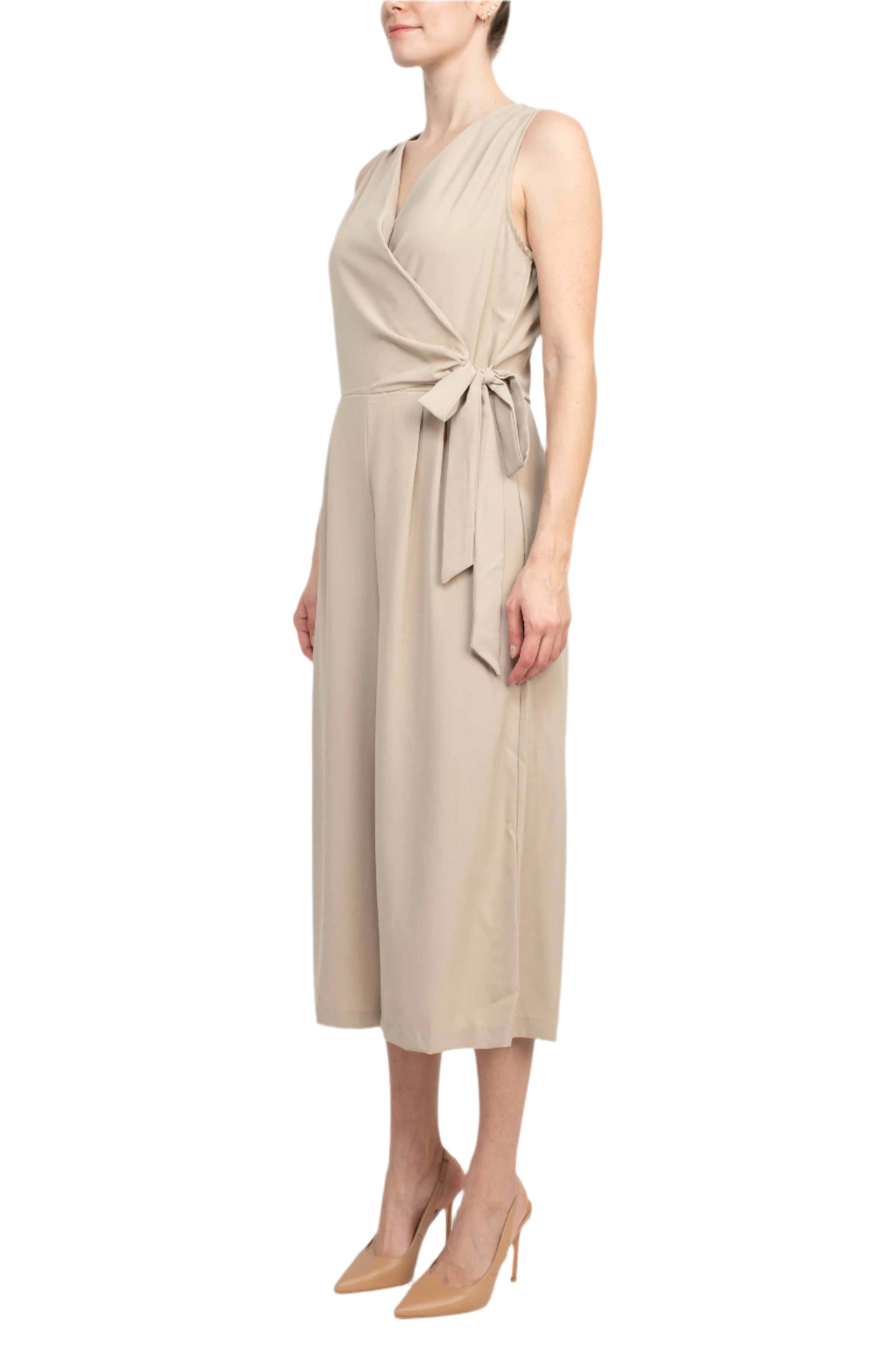 Emma & Michele V-Neck Sleeveless Tie Side Solid Pockets Crepe Jumpsuit - SAND - side