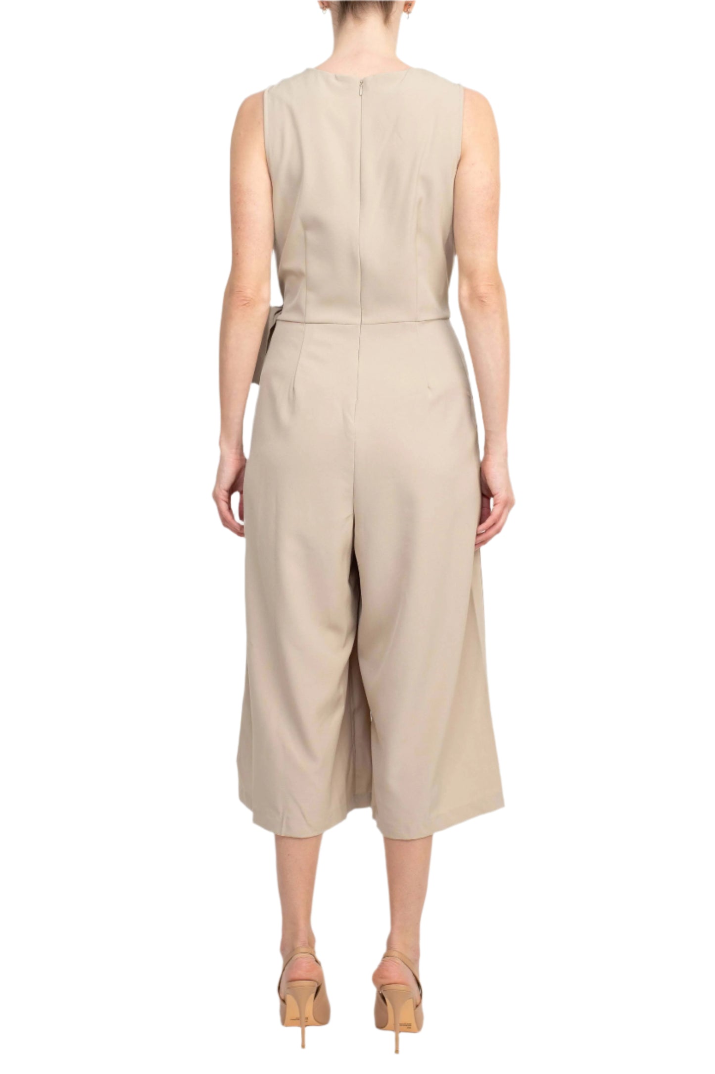 Emma & Michele V-Neck Sleeveless Tie Side Solid Pockets Crepe Jumpsuit - SAND - back