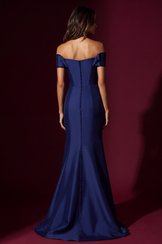 Mikado Long Off Shoulder Formal Criss Cross Bodice Evening Dress