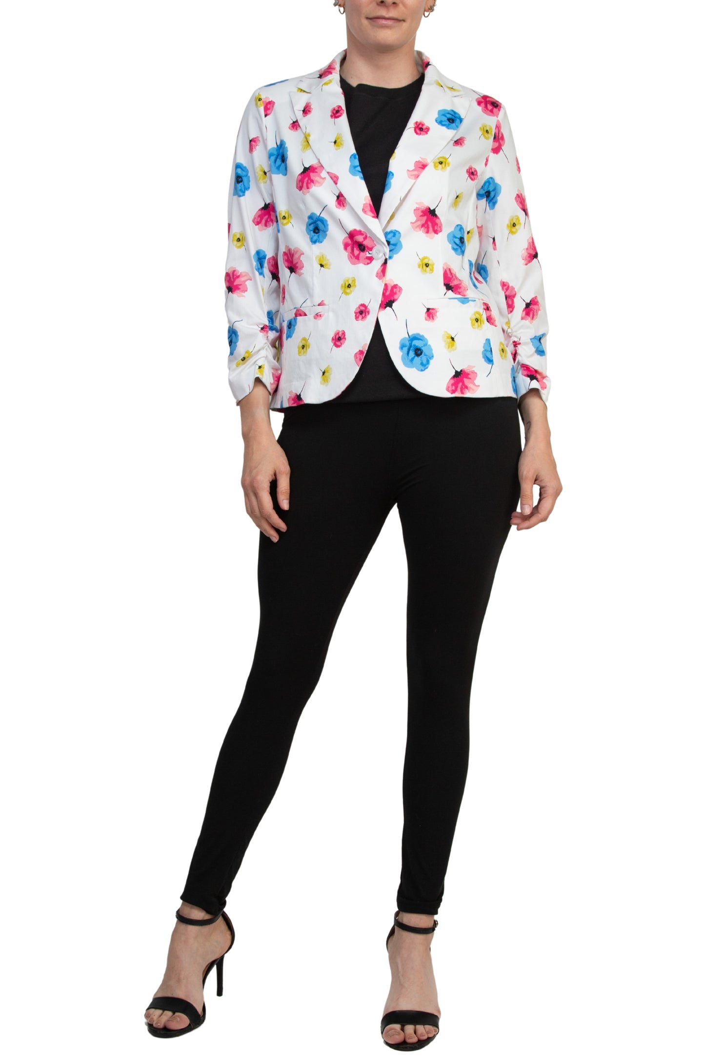 Peace of Cloth Notched Lapel Collar Bright White Floral Print Cropped Fit Blazer - POPPIES - Front